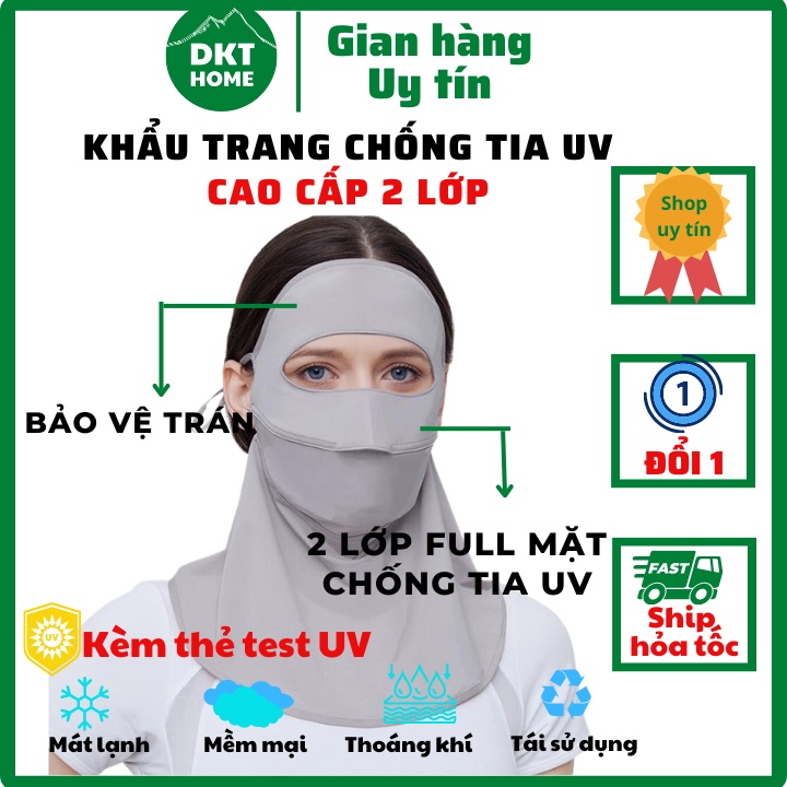 Khẩu trang chống nắng và tia UV UFP 50+ kèm thẻ test UV che cả mặt và trán 2 lớp bảo vệ toàn mặt DKT - Unisex Nam Nữ