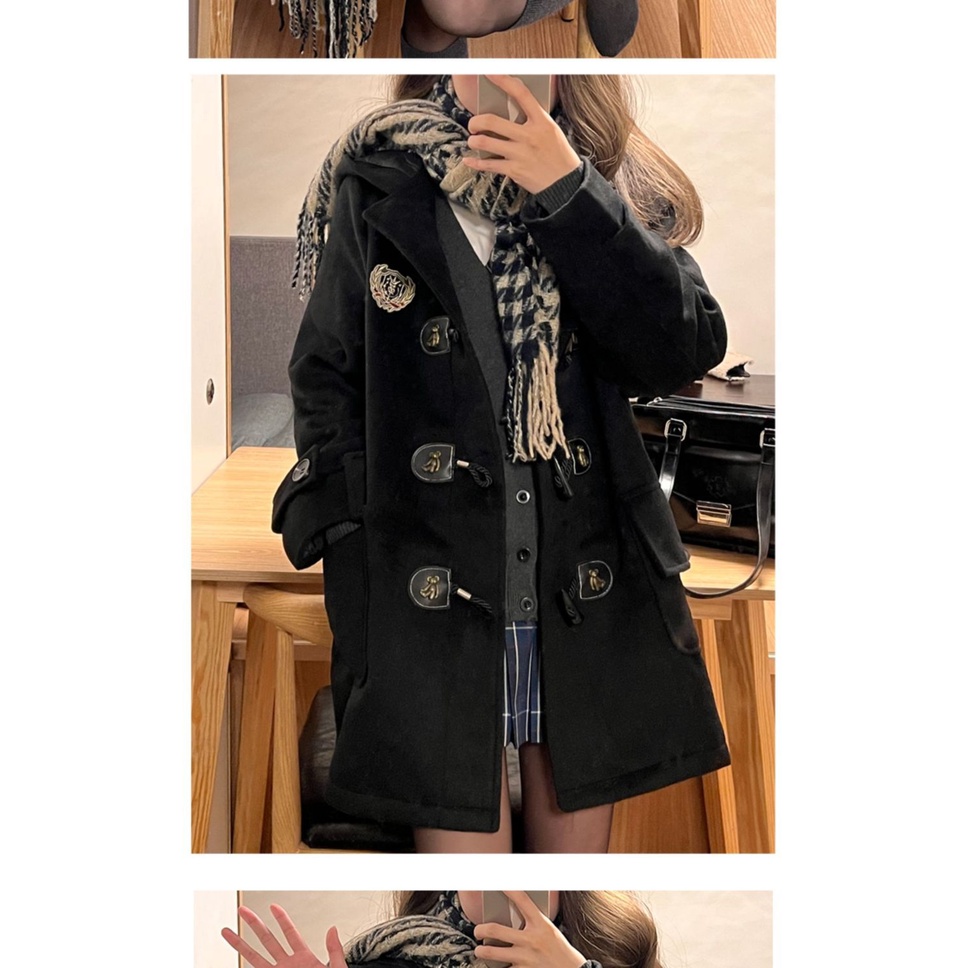 Jk Girls Preppy Áo Khoác Len Đen Dài Ngang Gối Có Mũ Trùm Cài Nút Sừng Phong Cách Preppy Mùa Đông