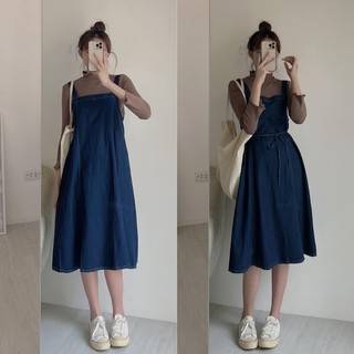 Yếm đầm suông dài form rộng có dây cột eo freesize Pumi
