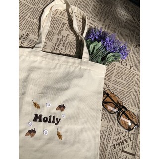 Túi tote thêu tên theo yêu cầu, kèm họa tiết hạt dẻ, quà tặng noel, vải canvas, túi tote nữ