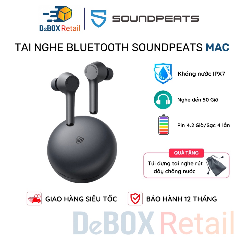 Tai nghe True Wireless SoundPEATS Mac Bluetooth 5.0, Kháng nước IPX7, Nghe đến 60 Giờ - Hàng Chính Hãng