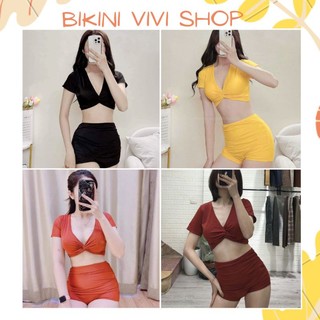 Đồ bơi đi biển, bikini 2 mảnh xoắn ngực có tay quần đùi cạp cao kín đáo