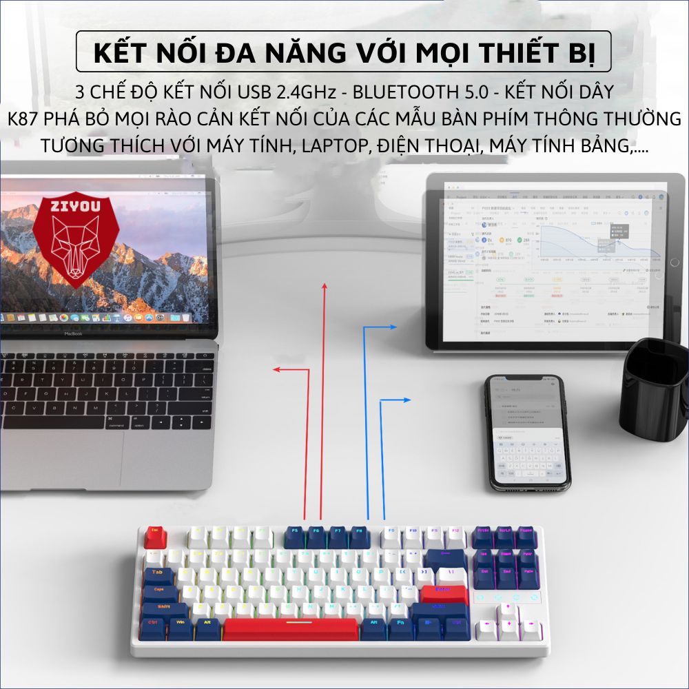 Bàn Phím Cơ Không Dây Ziyou K87BT HOTSWAP - LED RGB,Type C, Bluetooth 5.0, Wireless 2.4G Cho PC/ laptop/ ĐT/ Mac/ Tablet