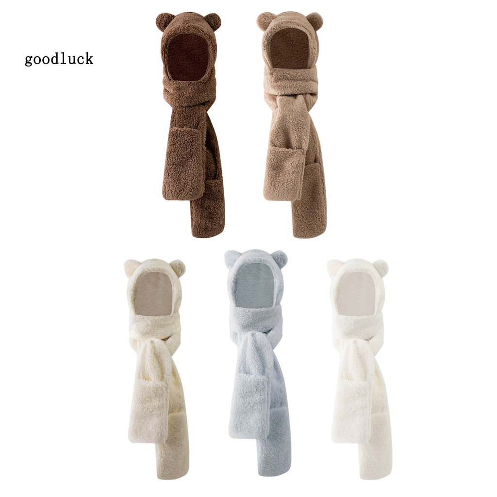 Chúc may mắn| Khăn Choàng Cổ Có Nón Và Găng Tay 3 Trong 1 Màu Trơn Hình Gấu Mùa Thu Đông Cho Nữ