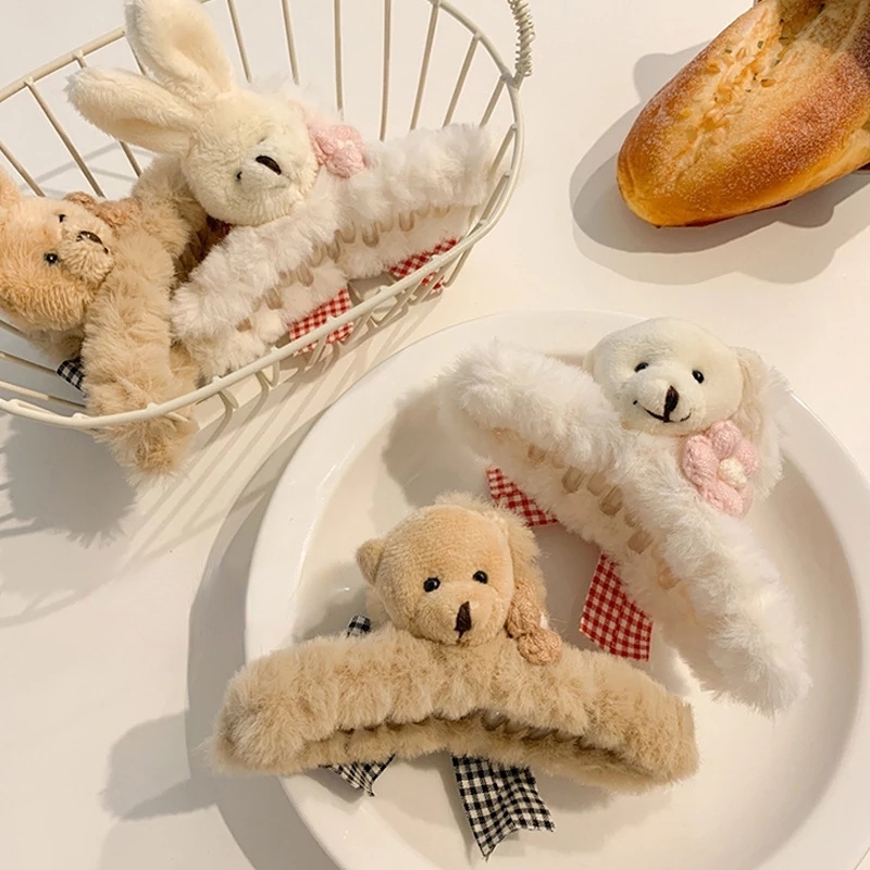 Kẹp Tóc Càng Cua Lớn Hình Gấu / Thỏ / Cá Mập Bằng Lông Nhung Đính Nơ Hoạt Hình Kiểu Hàn Quốc