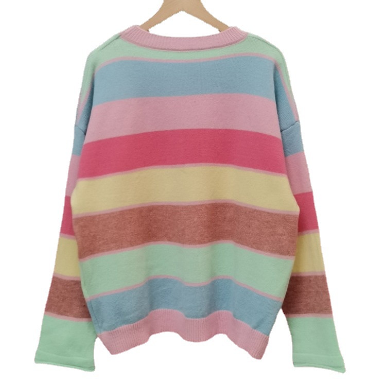 Áo Sweater Dệt Kim Cổ Tròn Tay Dài Dáng Rộng Họa Tiết Kẻ Sọc Màu Sắc Tương Phản Thời Trang Thu Đông 2021 Cho Nữ