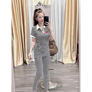 Set bộ thun gân có cổ tà xéo, dây rút, quần 2 túi- y hình