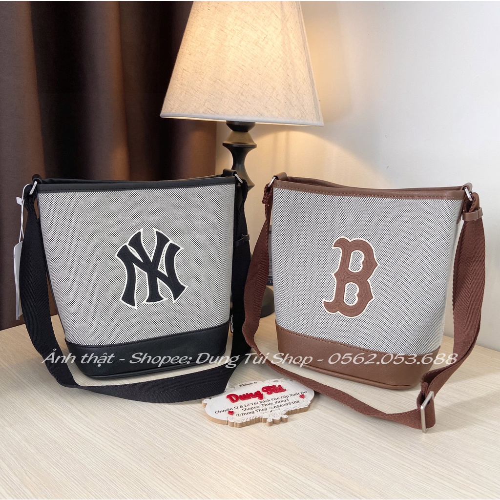 Túi NY quai xách + đeo chéo basic big logo canvas bucket size 23 đế tròn full tag