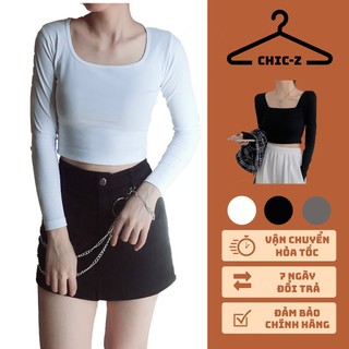Áo Croptop Nữ Trơn Cổ Vuông Tay Dài Kiểu Ôm Body Cotton 100%, Co Giãn 4 Chiều, Áo Dài Tay Thu Đông A04