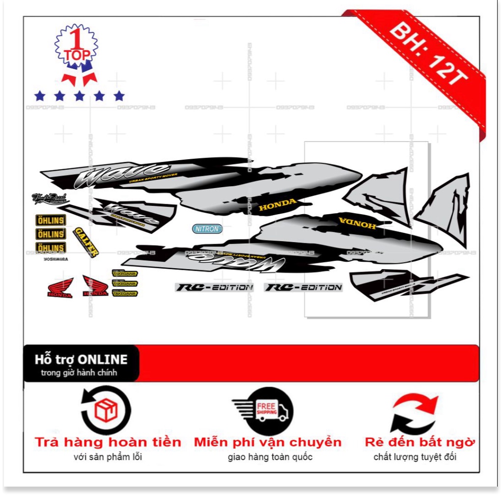 DECAL PVC 5 LỚP CHẤT LƯỢNG CAO Tem rời wave nhỏ đời đầu xám đen