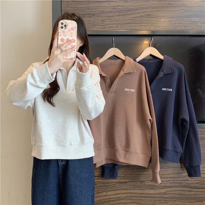 Áo sweatshirt SUXI tay dài cổ bẻ phong cách Hàn Quốc thời trang dành cho nữ
