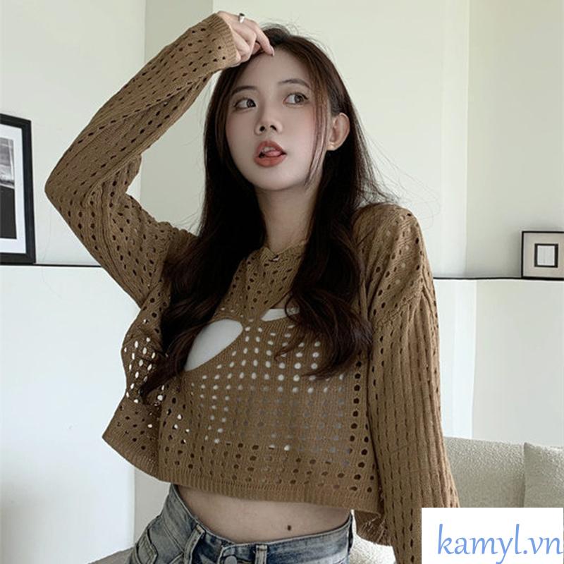 Kamyl🌸 Áo croptop dệt kim tay dài chống nắng thời trang phong cách Hàn Quốc cho nữ Áo croptop dệt kim tay dài  áo khoác ngoài sành điệu | BigBuy360 - bigbuy360.vn