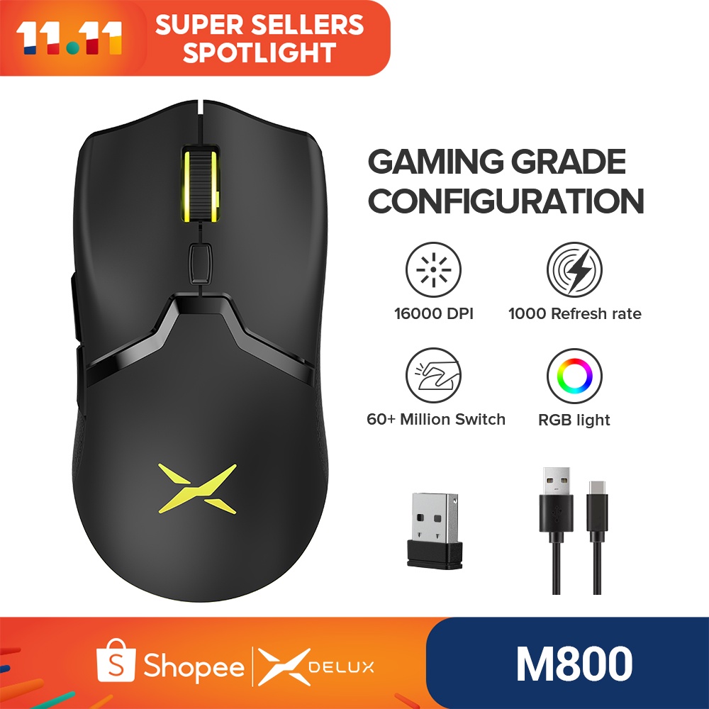 Chuột không dây Delux M800 RGB 2.4Ghz 16000 DPI 1000Hz kèm dây mềm