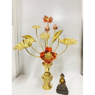 Combo 1lọ hoa cao 25cm +1 bó hoa sen đồng vàng pha đỏ 10 cành