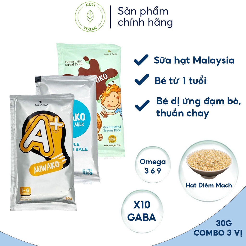 Combo Sữa Miwako A+ Vani, Miwako Gạo, Miwakoko socola Gói Dùng Thử 30g Sữa Hạt Cho Bé Nhập Khẩu Malaysia - nutivegan