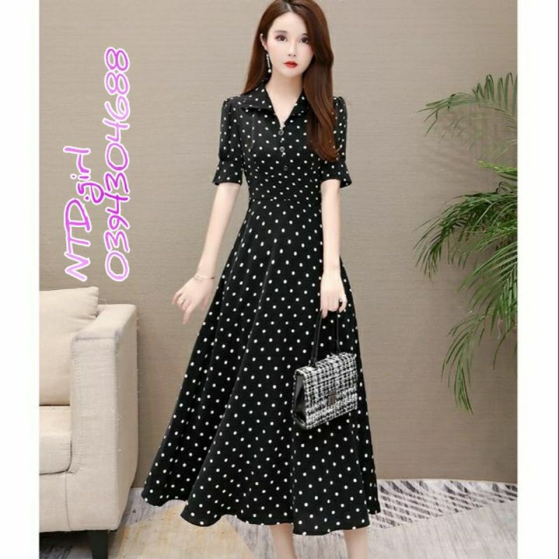 Hàng nhập - Đầm dáng xòe vintage lụa bi, váy xòe dự tiệc dáng tiểu thư