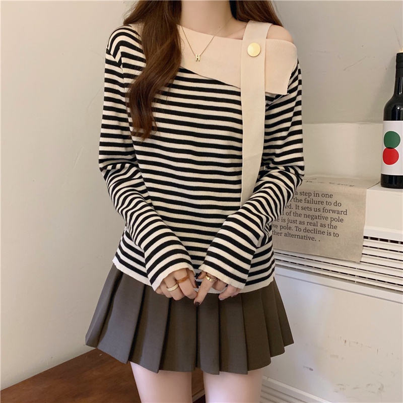 Áo Dệt Kim Tay Dài Hở Vai Họa Tiết Kẻ Sọc Thời Trang Thu Đông Hàn Quốc Mới Dành Cho Bạn Nữ