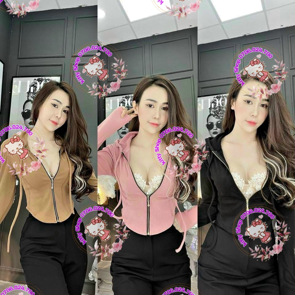 Áo kiểu có nón tay dài viền chỉ nổi dây kéo giữa cực xinh, chất thun gân dày dặn 🎀