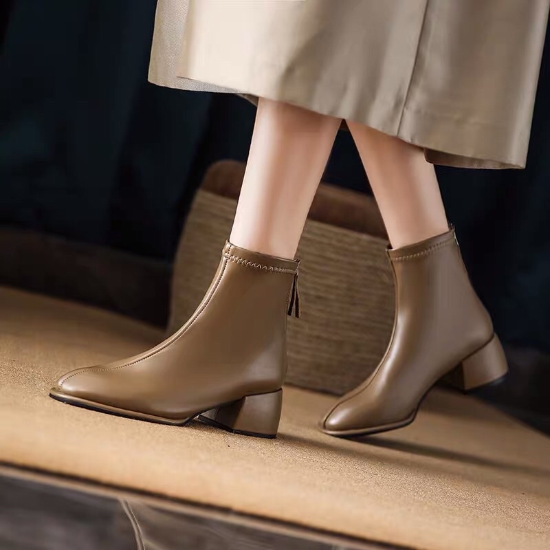 NEW- Giày bốt da trơn cao cổ gót 5cm BIG SIZE