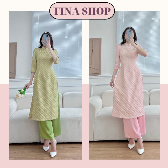 Set áo dài cách tân nữ, áo dài thiết kế có size chất taffta xốp đẹp, đứng phom, quần lụa dây kéo, lưng thun sau