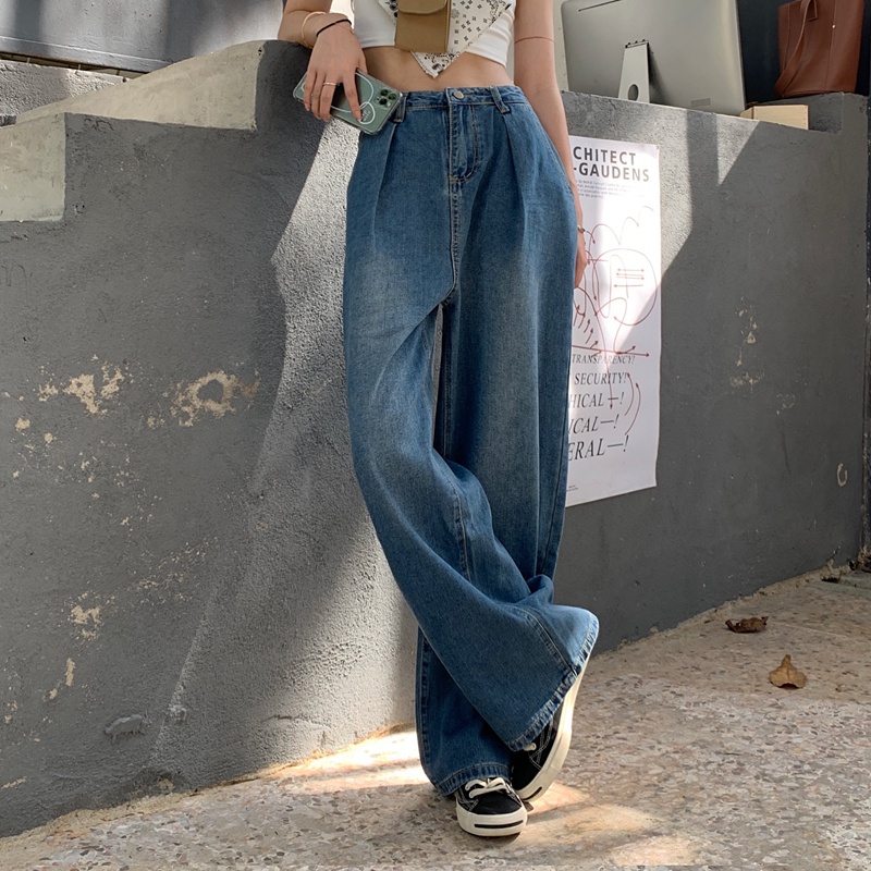 Quần jeans SUXI ống rộng lưng cao phong cách cổ điển thời trang thu đông