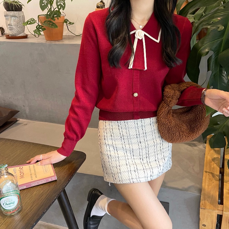 Đầm ZHELIHANGFEI dệt kim tay dài cổ búp bê thắt nơ eo cao phong cách preppy cá tính