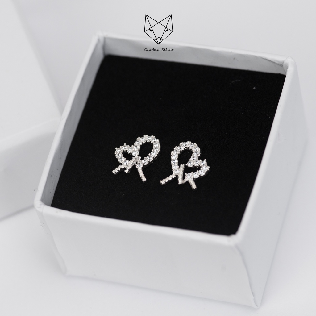 Khuyên Tai Bạc Ta Nữ CaoBac Silver Hình Nơ Đính Đá Cạnh Xoắn Thiết Kế Lạ Mắt , Lấp Lánh  Xinh Xắn Cho Bạn Bạn Gái