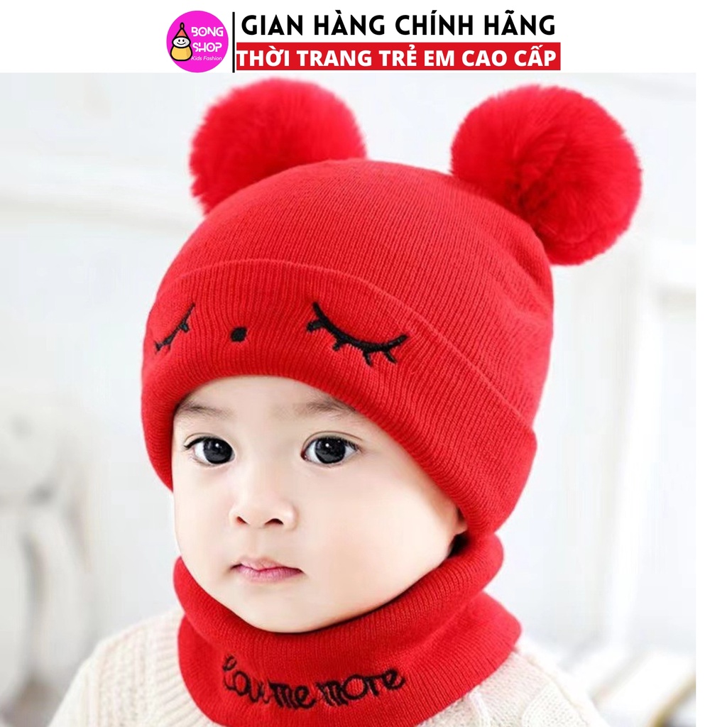 Mũ len trẻ em, mũ len em bé 2 cục bông kèm khăn quàng cổ cho bé dưới 3 tuổi