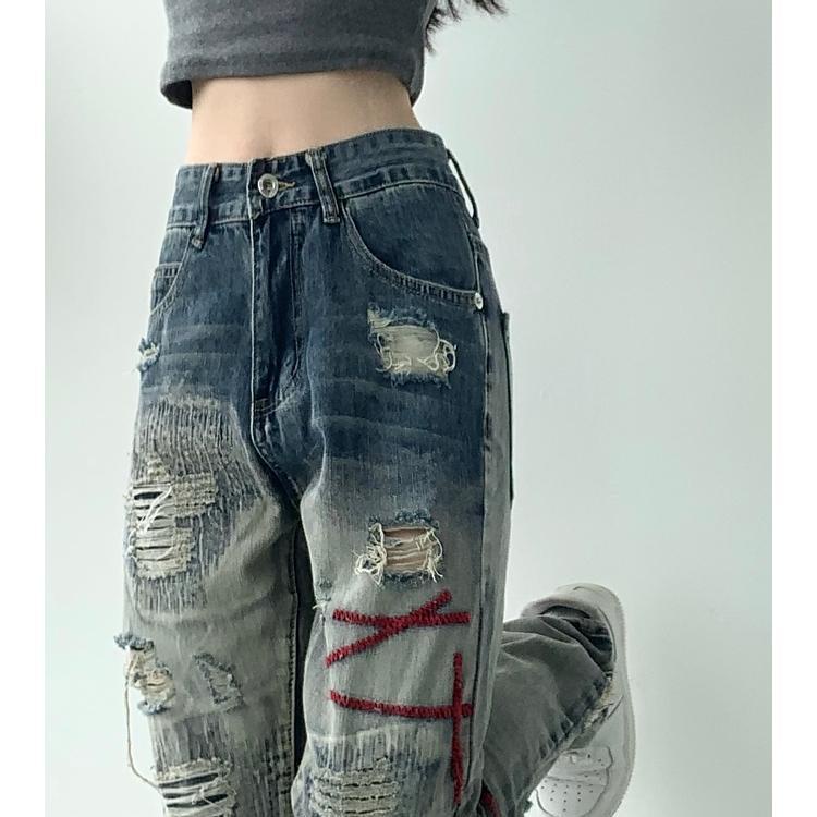 Niche Quần Jean Rách Dáng Suông Màu Tương Phản Phong Cách Đường Phố Âu Mỹ Đường Phố Cho Nam Và Nữ