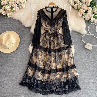 #2869 [Order] Đầm cao cấp dài tay thêu ren đen chiết eo retro