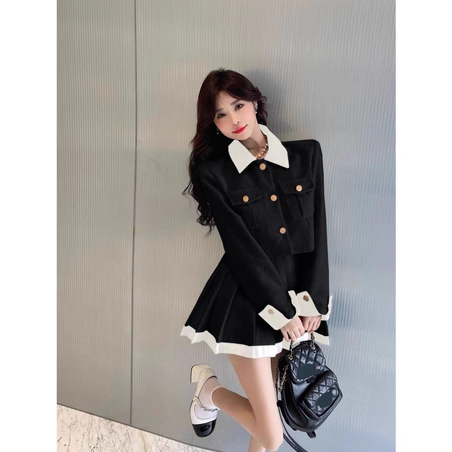 Set Dạ Áo Croptop 2 Lớp Phối Cổ Mix Chân Váy Xoè Xếp Ly Hàng Thiết Kế 2 Lớp @Tesoro clothes