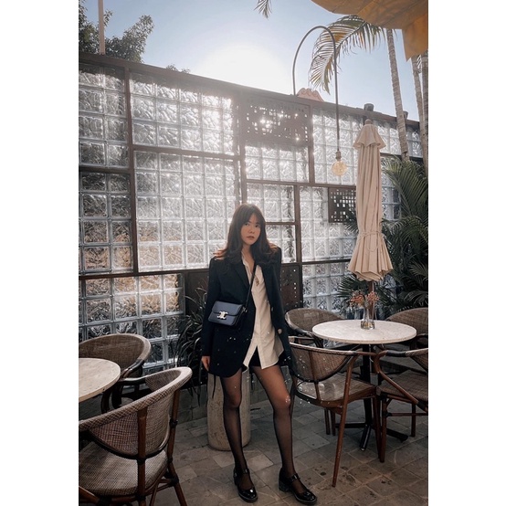 Giày búp bê mũi tròn da bóng gót vuông quai ngang dán