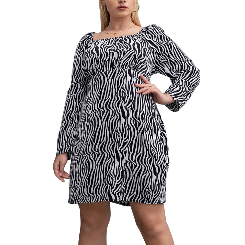 Đầm Midi Tay Dài Cổ Vuông Lưng Cao Họa Tiết Sọc Ngựa Vằn Phong Cách Vintage Cho Nữ