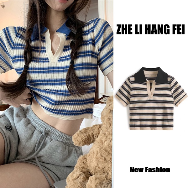 Áo croptop ZHELIHANGFEI cổ polo dệt kim tay ngắn kẻ sọc phong cách retro thời trang cho nữ