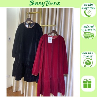 Váy công sở baybydoll nhung dài tay cổ tròn dáng xoè