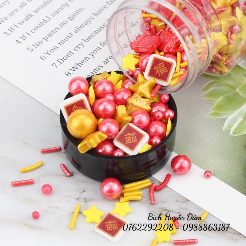 Kẹo bi đường hình ngôi sao, đồng tiền, thỏi vàng mix 2 màu đỏ, vàng trang trí bánh tết, năm mới