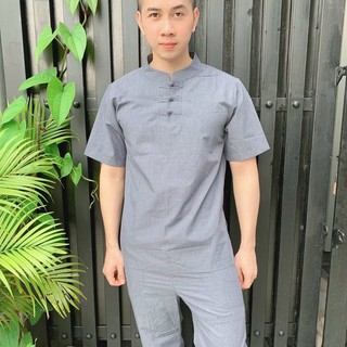 (NAM BA NÚT) Đồ lam đi chùa nam, Quần áo lam Phật tử nam mẫu nam ba nút
