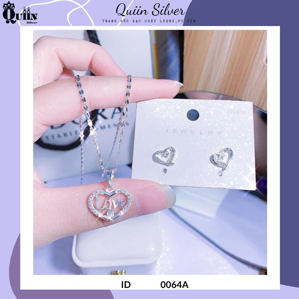 Bộ trang sức bạc ta, bạc S925 Quiin - Dây chuyền bông tai hình trái tim chữ Love dành cho nữ 0064A