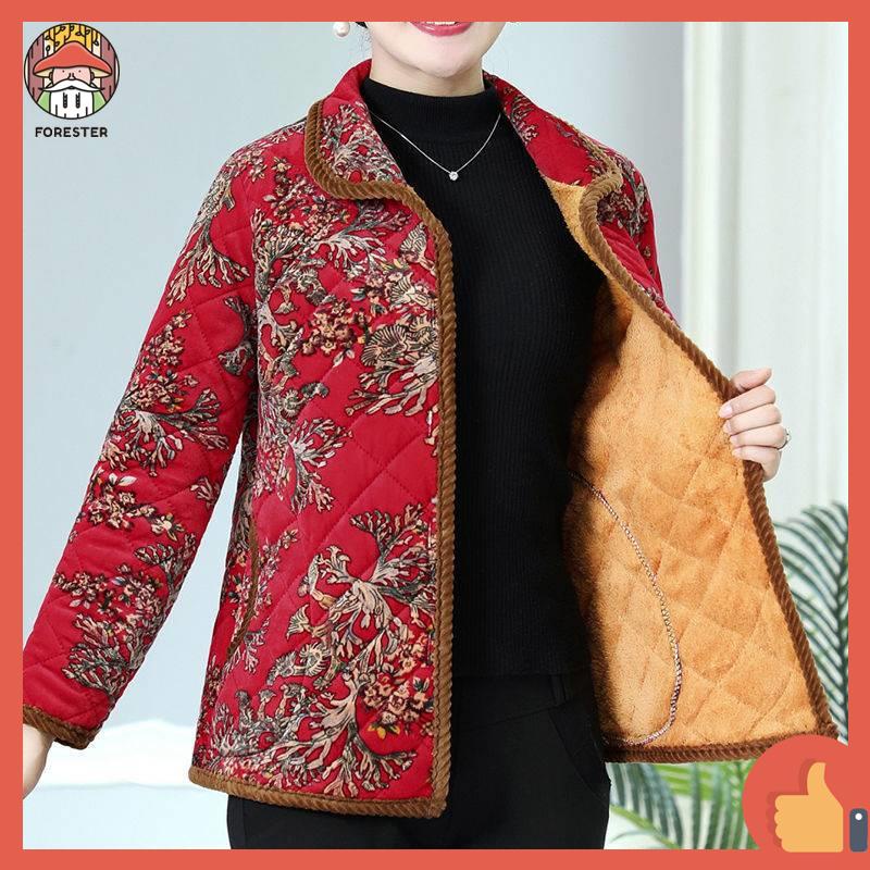 Áo bông dày dặn lót nhung mẫu mới áo bông ngắn cỡ lớn cho phụ nữ trung niên và cao tuổi