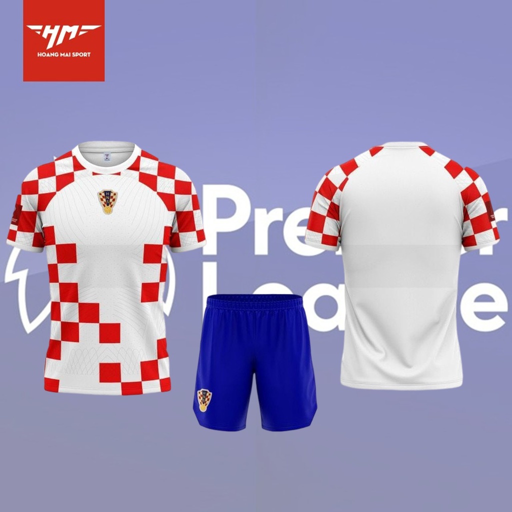 Bộ Quần Áo Bóng Đá Thun Thái Đội Tuyển Croatia Trắng Caro Đỏ