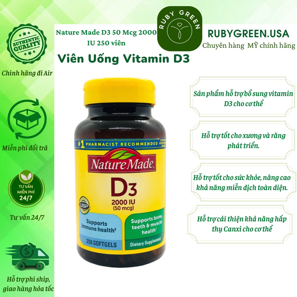 Vitamin D3 Giúp Tăng Sức Khỏe Xương Khớp Nature Made D3 2000IU (250 Viên) - Từ Mỹ