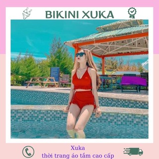 Đồ bơi 2 mãnh, bikini yếm bèo quần cạp cao dể thương xuka xk028