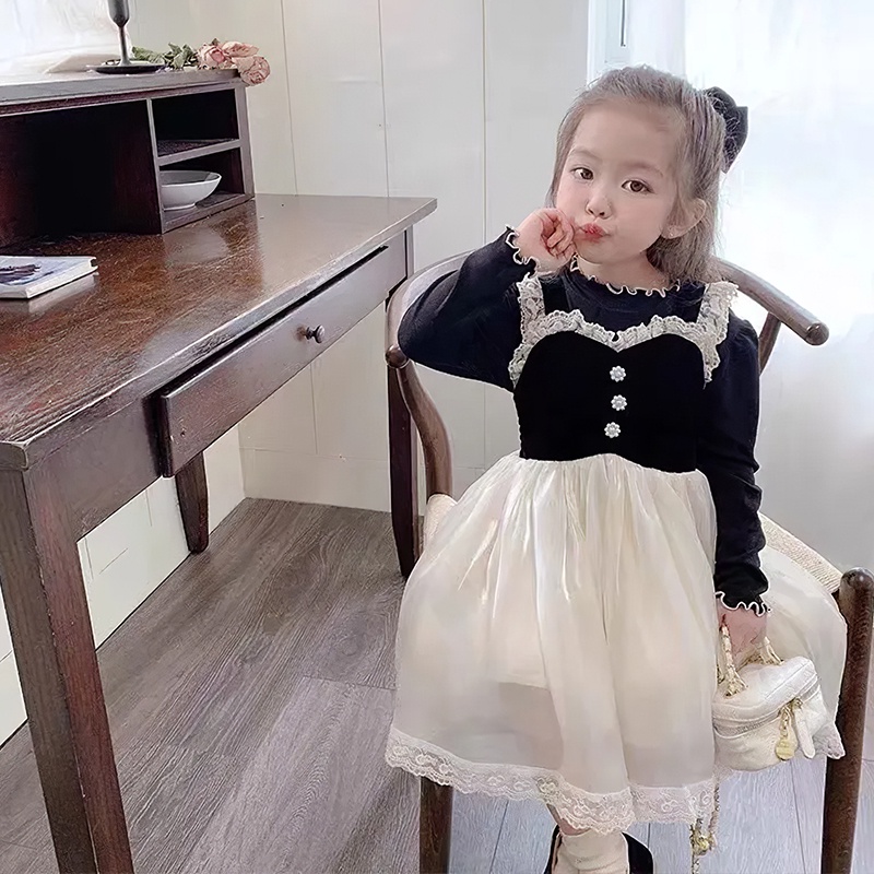 Đầm DàI Tay Ren Hoa KiểU DáNg HàN QuốC Cho Bé GáI (0 -