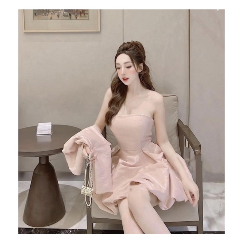 SALE-Đầm 2 dây kèm áo khoác xoè tùng bí chất tapta siêu hot