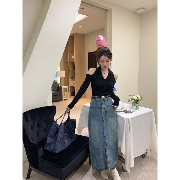 Áo ZHELIHANGFEI dệt kim tay dài hở vai gợi cảm xinh xắn