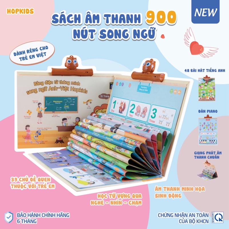 Bảng điện tử âm thanh 900 nút song ngữ Anh-Việt Hopkids 51 trang + 48 bài hát tiếng anh kèm dây sạc