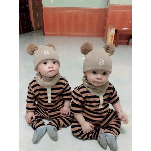 Set mũ 2q bông kèm khăn cho bé 3m-4 tuổi