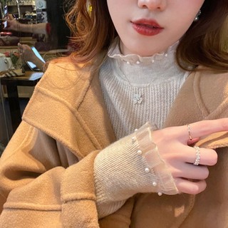 Áo Sweater Cổ Lọ Phối Ren Màu Sắc Ngọc Trai Thời Trang Thu Đông Cho Nữ