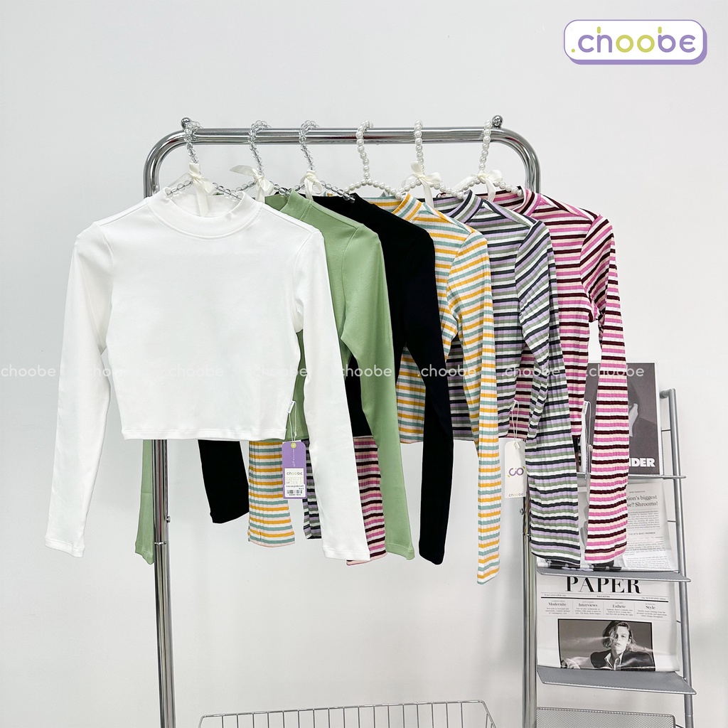 Áo croptop dài tay nữ Choobe cổ cao giữ nhiệt ấm kiểu ôm body vải cotton co giãn tốt A76