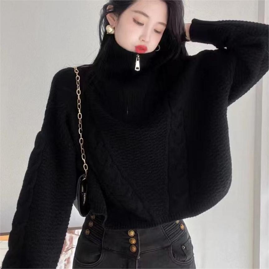 Áo len ZHELIHANGFEI dệt kim tay dài dáng rộng cổ đứng phối khóa kéo cá tính cho nữ